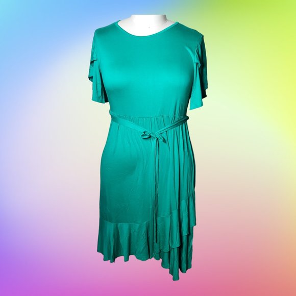 Kelly Green Ruffle Tulip-Hem Tie-Waist Flutter-Sleeve Dress  Size XXL NWOT - Picture 5 of 12